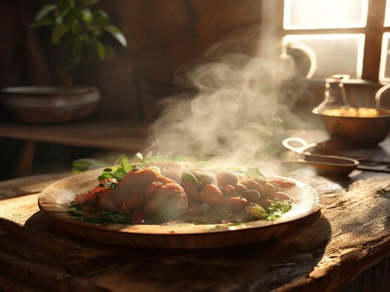 A rustic, cozy lifestyle shot of the finished dish on a wooden table, natural morning light, steam rising, realistic food photography