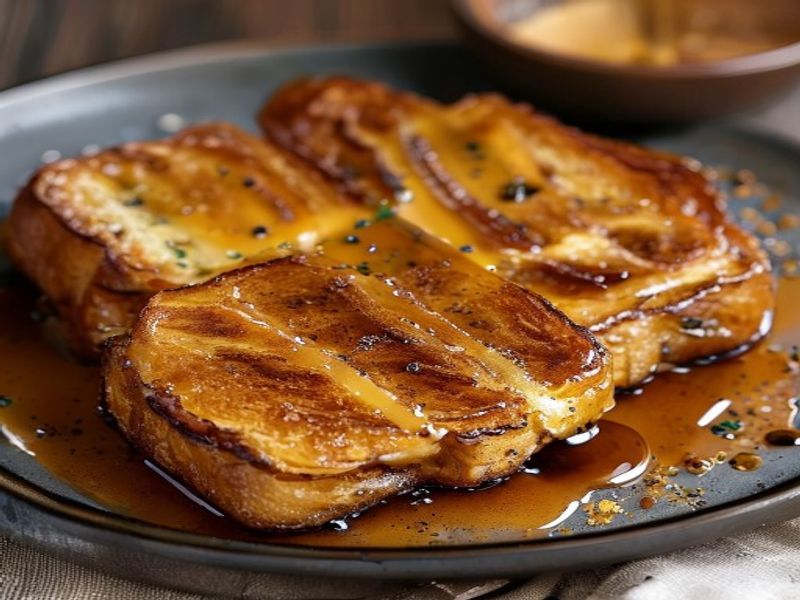 Finished 10-Minute Pan-Fried Brioche French Toast with Brown Butter & Cinnamon-Cardamom Syrup beautifully plated, professional food photography, natural lighting