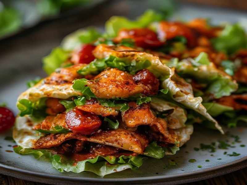 Finished 15-Minute Air-Fried Gochujang Chicken Lettuce Wraps beautifully plated, professional food photography, natural lighting
