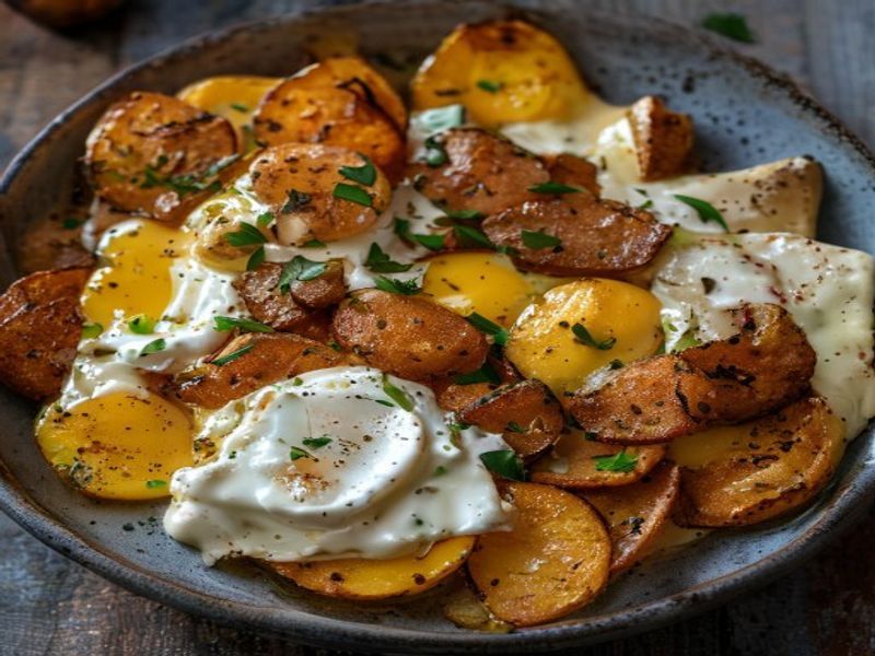 Finished 15-Minute Air-Fried Sweet Potato Hash with Crispy Eggs & Chipotle-Lime Crema beautifully plated, professional food photography, natural lighting