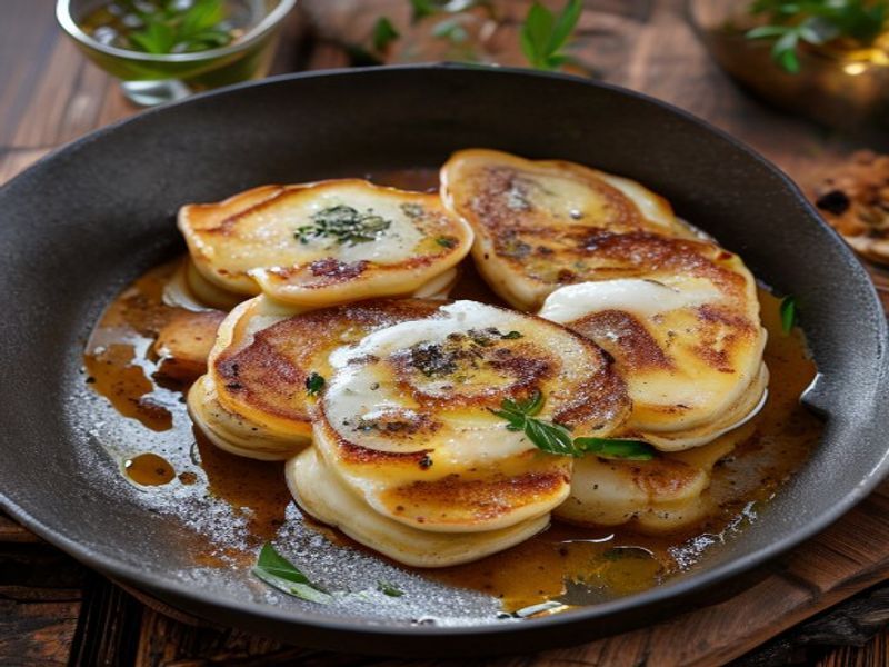 Finished 15-Minute Cast-Iron Skillet Ricotta Pancakes with Brown Butter & Cardamom beautifully plated, professional food photography, natural lighting