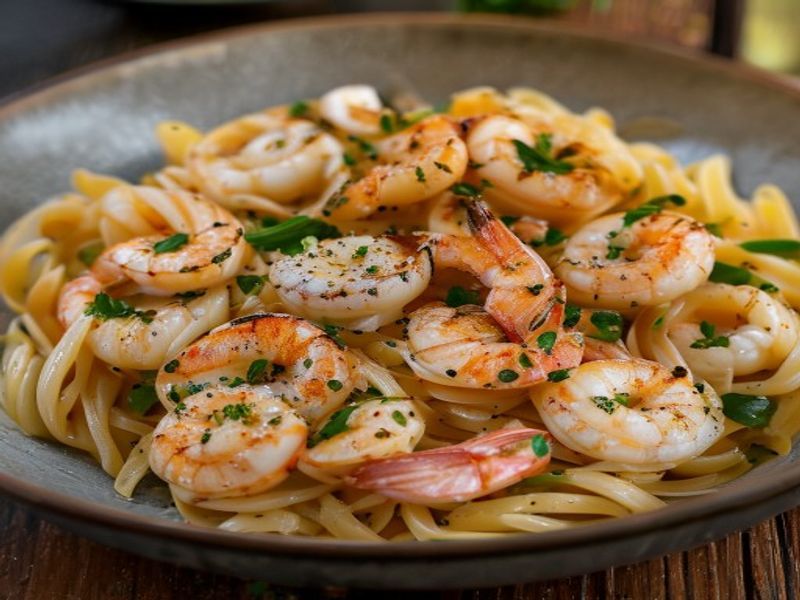 Finished 15-Minute Garlic Butter Shrimp Pasta beautifully plated, professional food photography, natural lighting