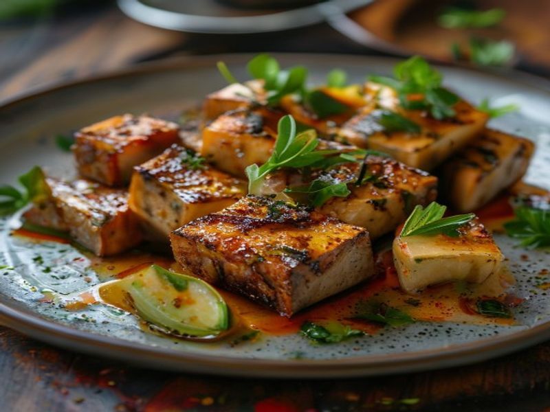 Finished 15-Minute Mexican Tofu Roast beautifully plated, professional food photography, natural lighting