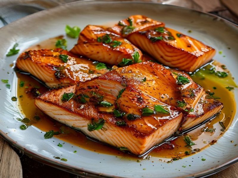 Finished 15-Minute One-Skillet Miso-Honey Glazed Salmon beautifully plated, professional food photography, natural lighting