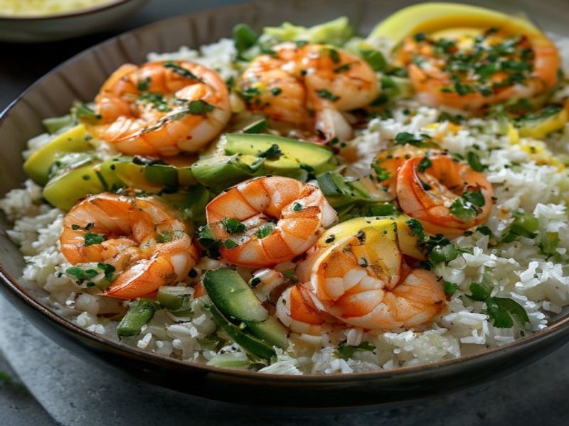 Finished 15-Minute Pan-Seared Cilantro-Lime Shrimp Bowls with Garlic Quinoa & Avocado Crema beautifully plated, professional food photography, natural lighting