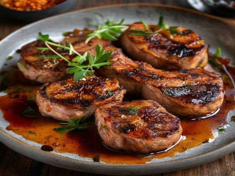 Finished 15-Minute Pan-Seared Gochujang-Glazed Pork Chops beautifully plated, professional food photography, natural lighting