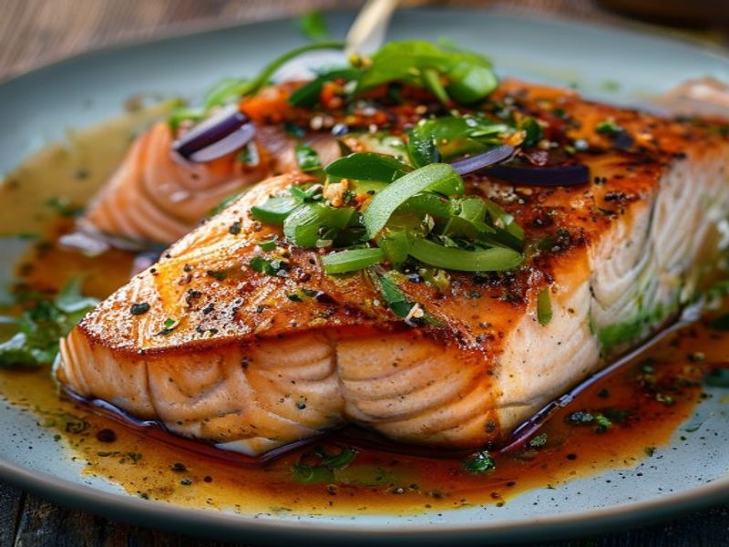 Finished 15-Minute Pan-Seared Miso-Ginger Salmon with Sesame Cucumber Salad beautifully plated, professional food photography, natural lighting