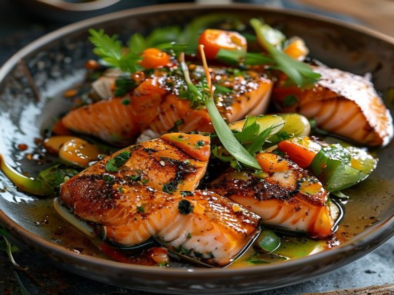 Finished 15-Minute Pan-Seared Miso-Ginger Salmon Lunch Bowls beautifully plated, professional food photography, natural lighting