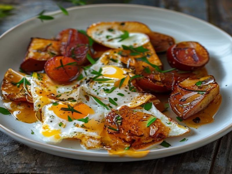 Finished 15-Minute Pan-Seared Miso Maple Sweet Potato Breakfast Hash with Crispy Eggs beautifully plated, professional food photography, natural lighting