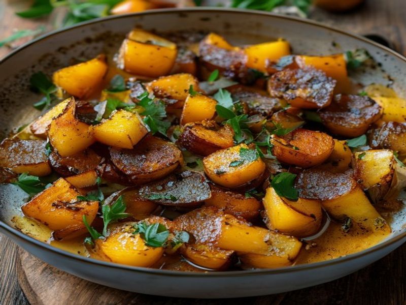 Finished 15-Minute Skillet-Crisped Brown Butter & Maple Sweet Potato Breakfast Hash beautifully plated, professional food photography, natural lighting