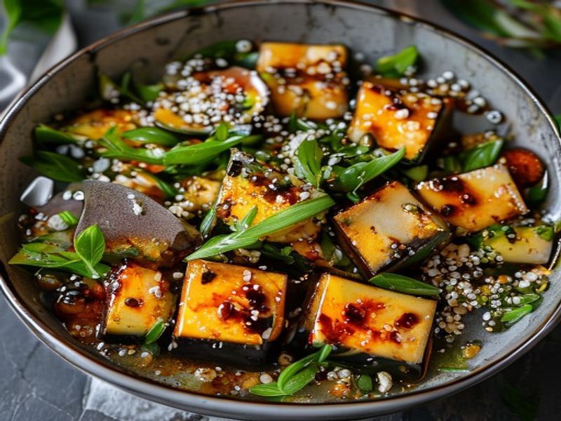 Finished 15-Minute Skillet Miso-Ginger Tofu & Sesame Quinoa Bowls beautifully plated, professional food photography, natural lighting