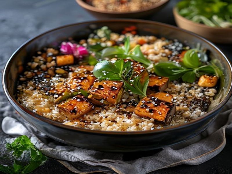 Finished 15-Minute Skillet Miso-Ginger Tofu with Toasted Sesame Quinoa Bowls beautifully plated, professional food photography, natural lighting