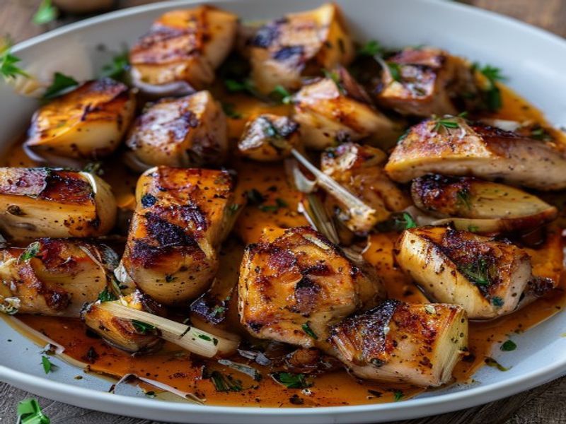 Finished 18-Minute Sheet Pan Harissa-Honey Chicken Thighs with Caramelized Fennel beautifully plated, professional food photography, natural lighting