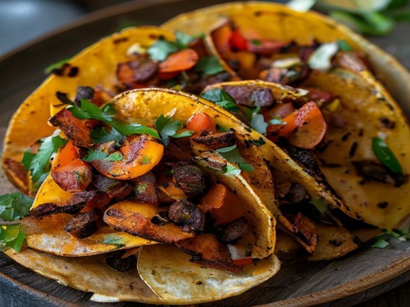 Finished 20-Minute Air-Fried Chipotle Lime Sweet Potato & Black Bean Tacos beautifully plated, professional food photography, natural lighting