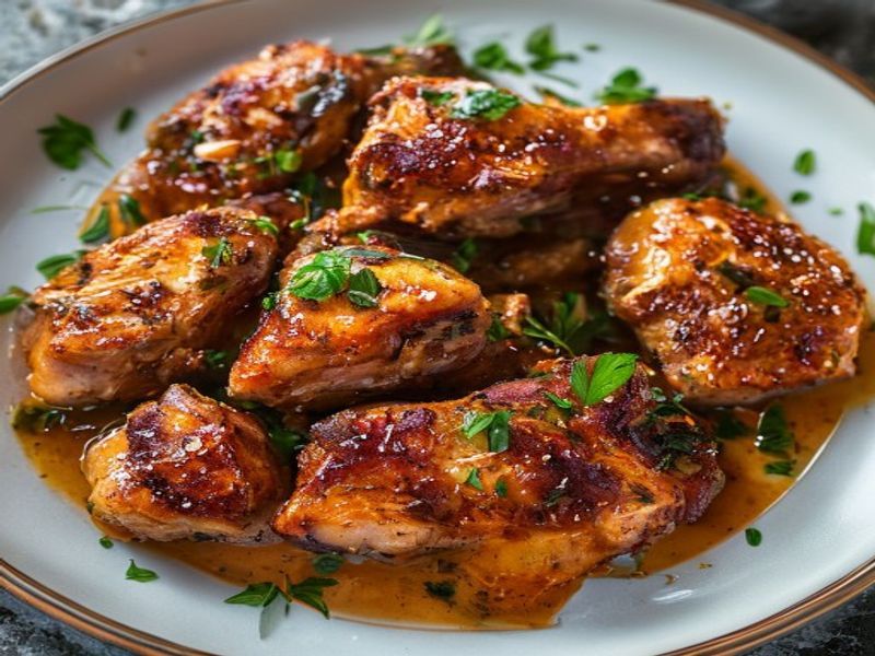Finished 20-Minute Air-Fried Honey-Sriracha Chicken Thighs beautifully plated, professional food photography, natural lighting