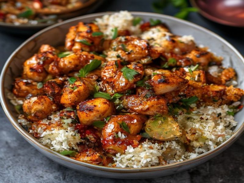 Finished 20-Minute Air-Fried Honey Sriracha Chicken & Quinoa Lunch Bowls beautifully plated, professional food photography, natural lighting