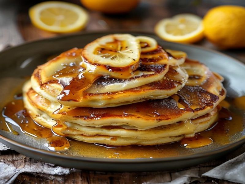Finished 20-Minute Cast-Iron Baked Lemon-Ricotta Pancakes with Warm Maple-Sage Glaze beautifully plated, professional food photography, natural lighting
