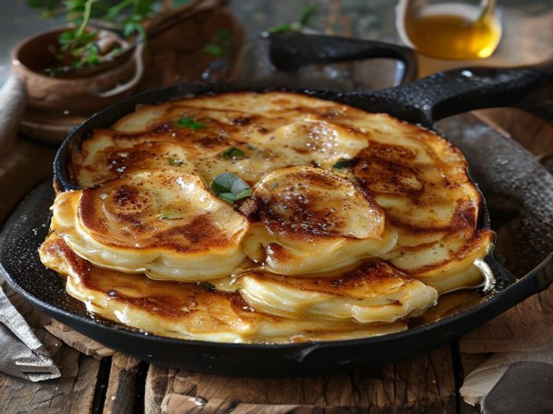 Finished 20-Minute Cast-Iron Skillet Ricotta Pancakes with Brown Butter & Maple Cinnamon beautifully plated, professional food photography, natural lighting