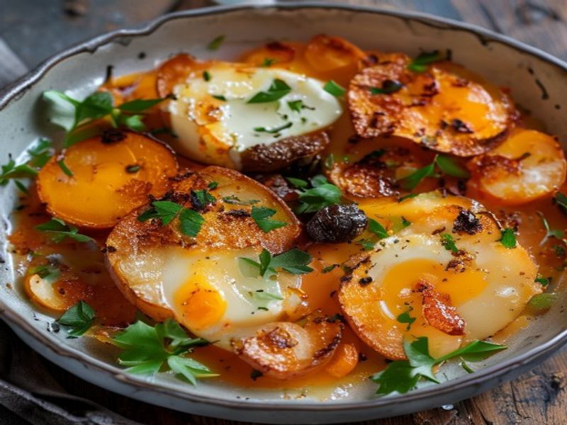 Finished 20-Minute Cast-Iron Sweet Potato & Egg Breakfast Hash with Smoked Paprika & Maple beautifully plated, professional food photography, natural lighting