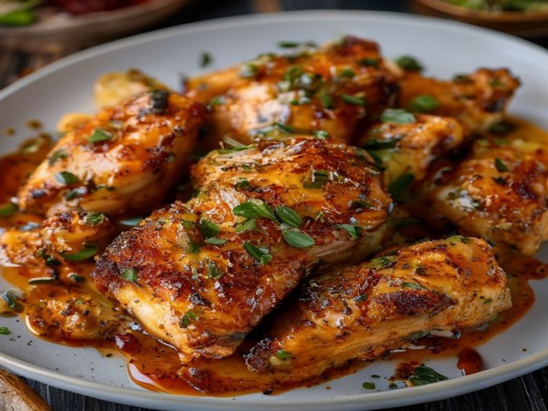 Finished 20-Minute Crispy Air-Fryer Chicken Thighs with Spicy Gochujang Honey beautifully plated, professional food photography, natural lighting