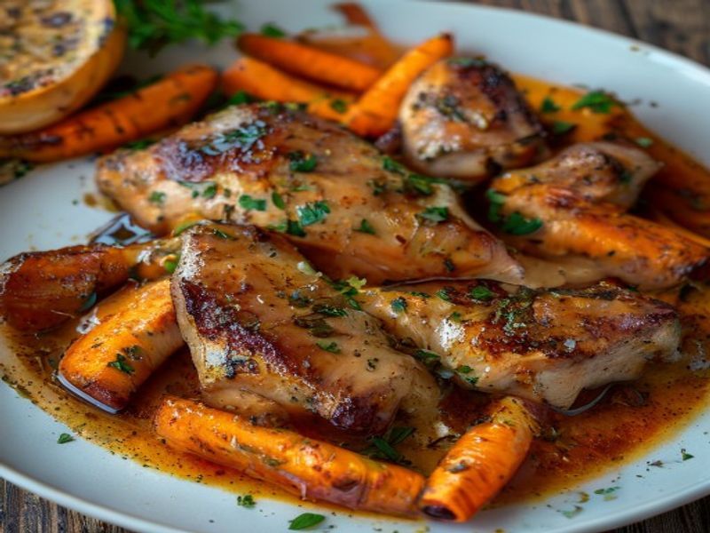 Finished 20-Minute One-Skillet Maple-Dijon Chicken Thighs with Honey-Glazed Carrots beautifully plated, professional food photography, natural lighting