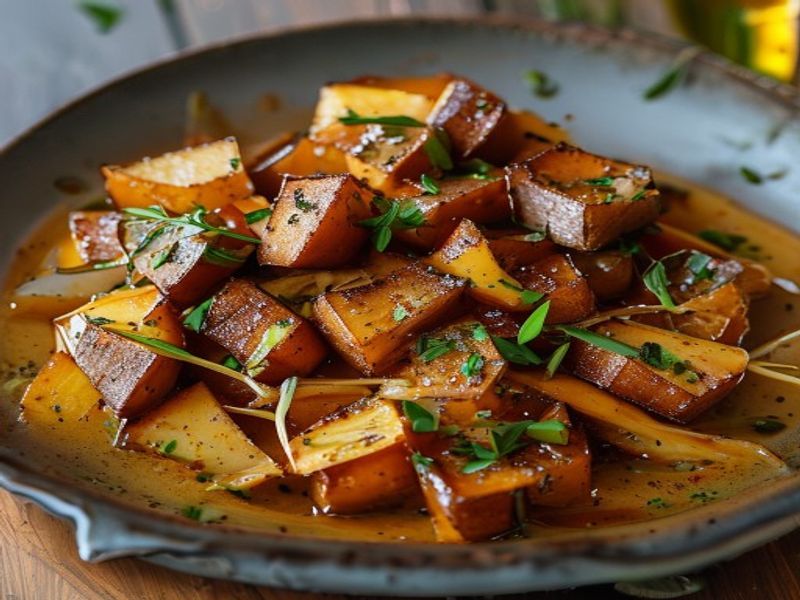 Finished 20-Minute Pan-Fried Brown Butter & Cinnamon Sweet Potato Breakfast Hash beautifully plated, professional food photography, natural lighting