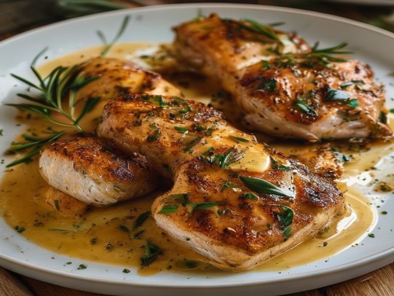 Finished 20-Minute Pan-Seared Brown Butter Sage Chicken Thighs beautifully plated, professional food photography, natural lighting
