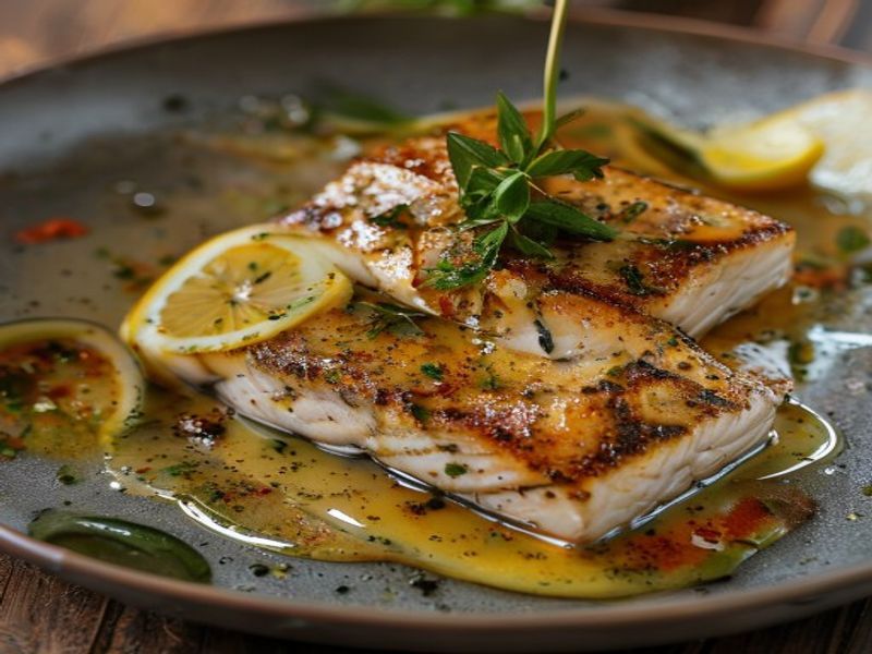 Finished 20-Minute Pan-Seared Cod in Smoky Harissa & Lemon Butter Sauce beautifully plated, professional food photography, natural lighting
