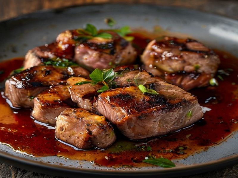 Finished 20-Minute Pan-Seared Gochujang-Honey Pork Tenderloin beautifully plated, professional food photography, natural lighting