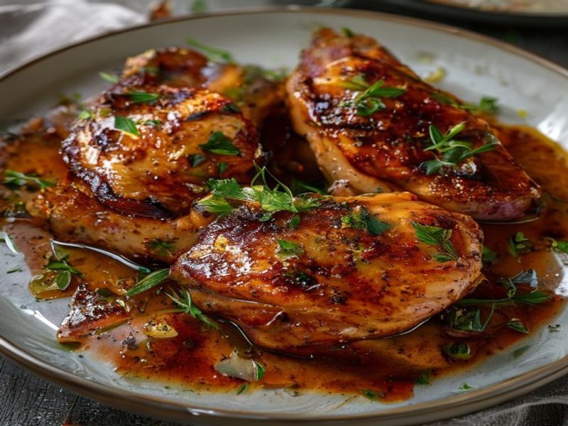 Finished 20-Minute Pan-Seared Harissa-Honey Chicken Thighs beautifully plated, professional food photography, natural lighting
