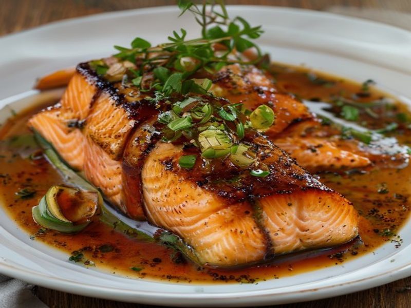 Finished 20-Minute Pan-Seared Miso-Honey Glazed Salmon with Ginger Scallions beautifully plated, professional food photography, natural lighting