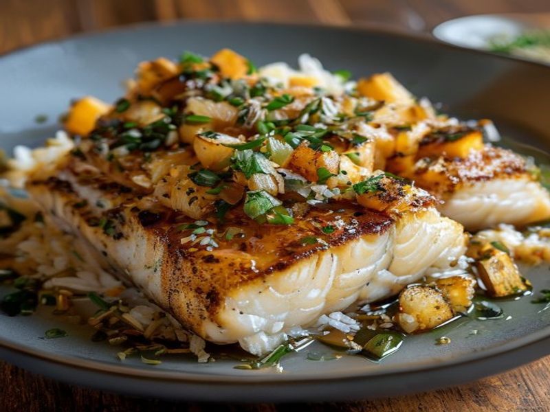 Finished 20-Minute Pan-Seared Miso-Maple Cod with Crispy Ginger Scallion Rice beautifully plated, professional food photography, natural lighting