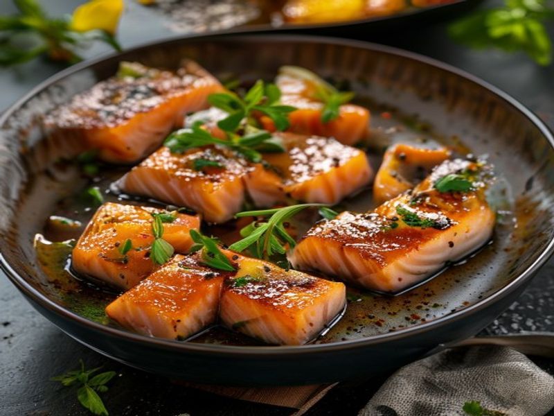 Finished 20-Minute Pan-Seared Miso Ginger Salmon Lunch Bowls beautifully plated, professional food photography, natural lighting