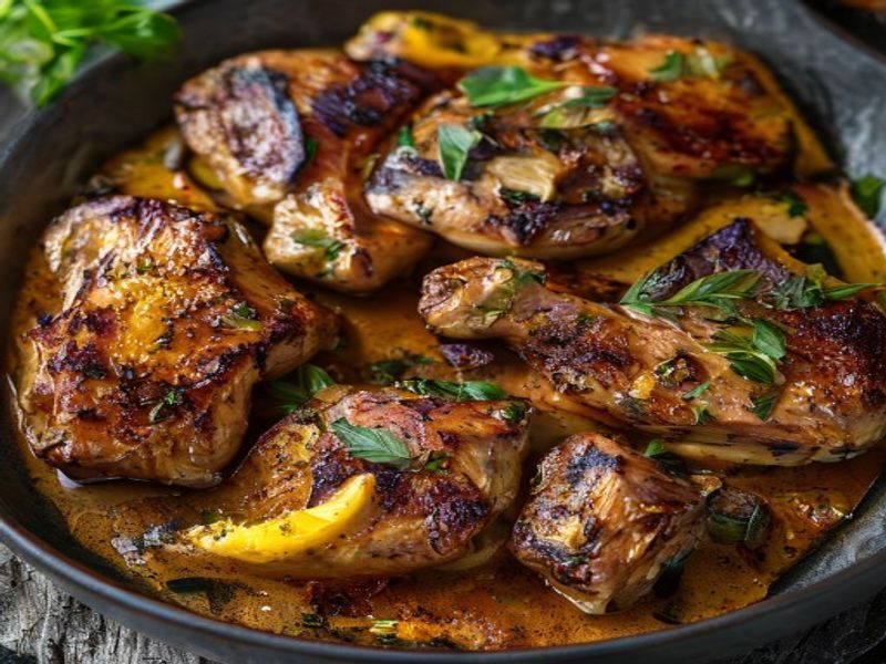 Finished 20-Minute Sheet-Pan Harissa-Lemon Chicken Thighs beautifully plated, professional food photography, natural lighting