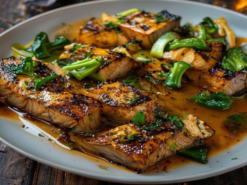 Finished 20-Minute Sheet-Pan Miso-Ginger Salmon with Charred Bok Choy beautifully plated, professional food photography, natural lighting