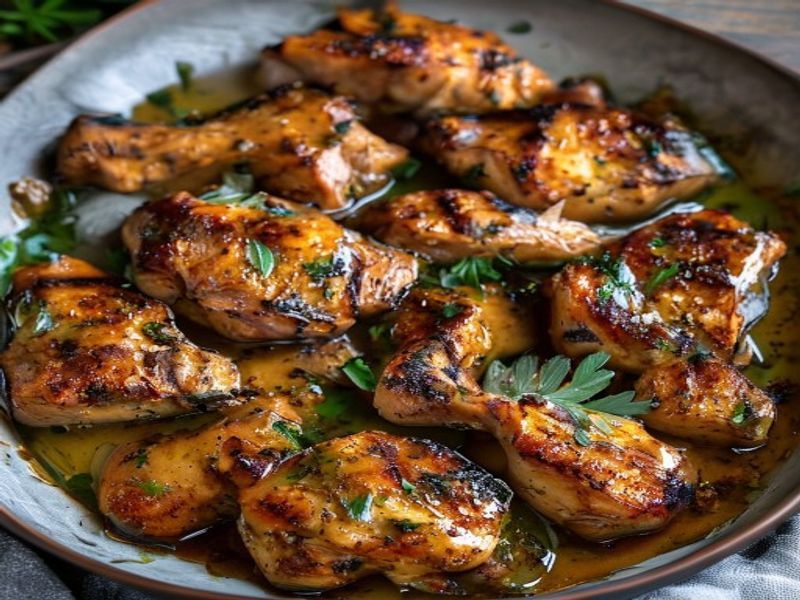 Finished 20-Minute Sheet-Pan Miso-Ginger Glazed Chicken Thighs beautifully plated, professional food photography, natural lighting