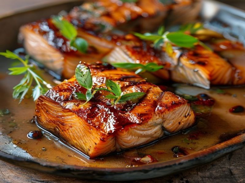 Finished 20-Minute Sheet-Pan Miso-Maple Glazed Salmon beautifully plated, professional food photography, natural lighting