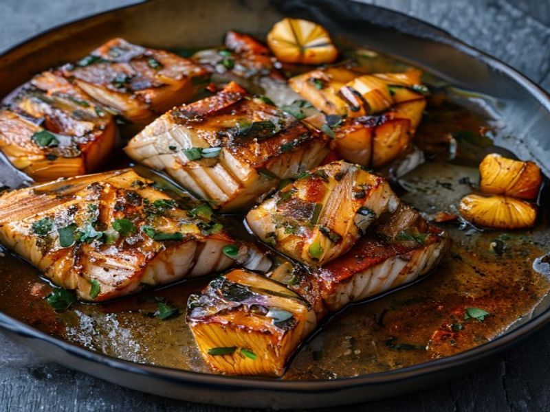 Finished 20-Minute Sheet-Pan Miso-Maple Salmon with Crispy Ginger beautifully plated, professional food photography, natural lighting