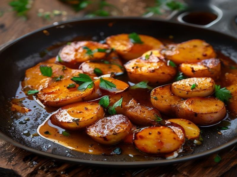 Finished 20-Minute Skillet-Crisped Sweet Potato & Sausage Hash with Maple Sriracha Glaze beautifully plated, professional food photography, natural lighting