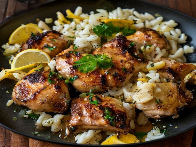 Finished 20-Minute Skillet-Seared Lemon-Thyme Chicken Thighs with Crispy Farro Salad beautifully plated, professional food photography, natural lighting