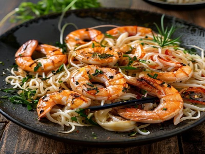 Finished 20-Minute Skillet-Seared Sesame-Ginger Shrimp & Soba Noodles beautifully plated, professional food photography, natural lighting