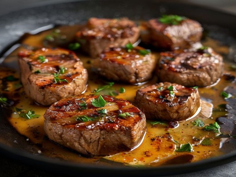 Finished 20-Minute Skillet Balsamic Glazed Steak Bites beautifully plated, professional food photography, natural lighting