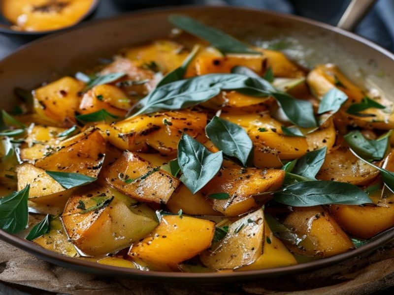Finished 20-Minute Skillet Sweet Potato Hash with Brown Butter & Crispy Sage beautifully plated, professional food photography, natural lighting