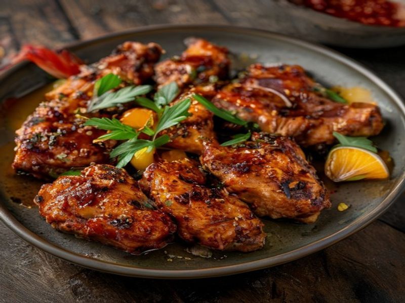 Finished 25-Minute Air-Fried Gochujang Maple Chicken Thighs beautifully plated, professional food photography, natural lighting