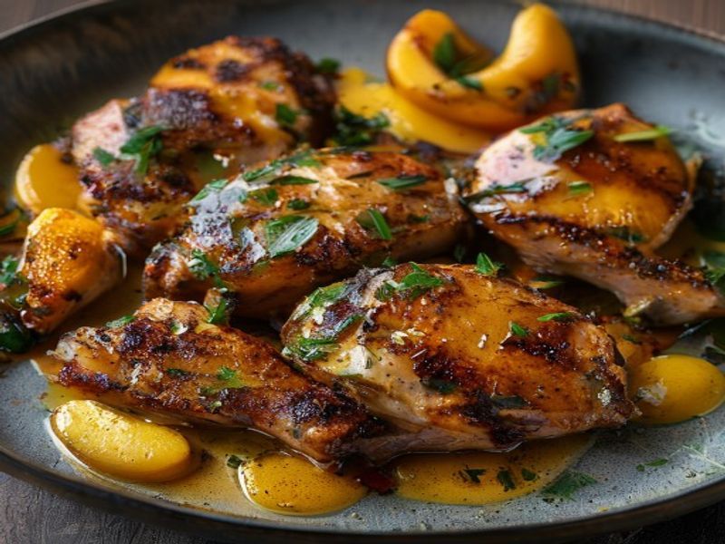 Finished 25-Minute Pan-Seared Apricot Chipotle Chicken Thighs beautifully plated, professional food photography, natural lighting