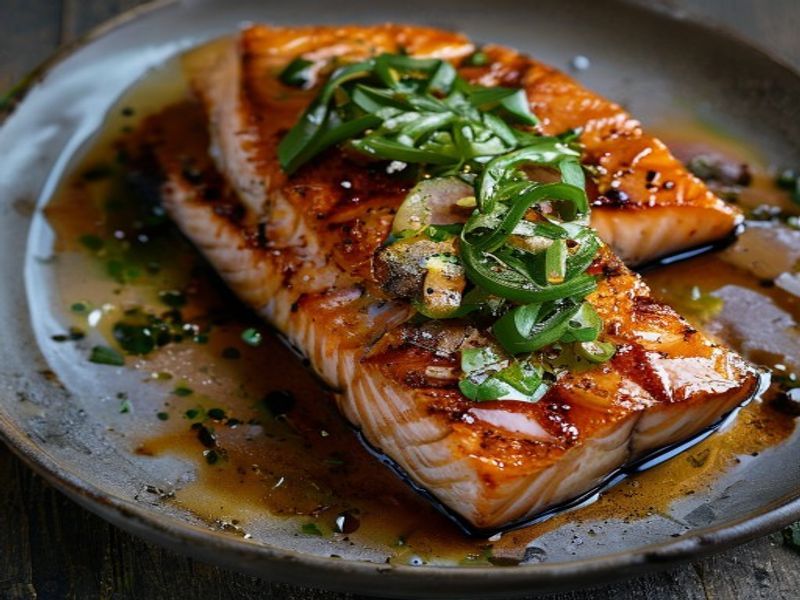 Finished 25-Minute Pan-Seared Miso-Honey Glazed Salmon with Charred Scallions beautifully plated, professional food photography, natural lighting