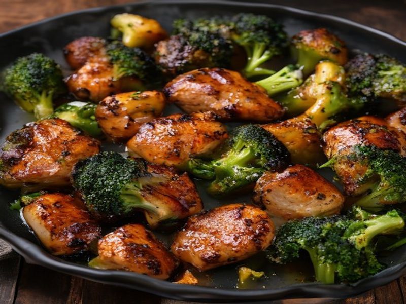 Finished 25-Minute Sheet-Pan Gochujang-Glazed Chicken Thighs & Broccoli for Weekly Meal Prep beautifully plated, professional food photography, natural lighting