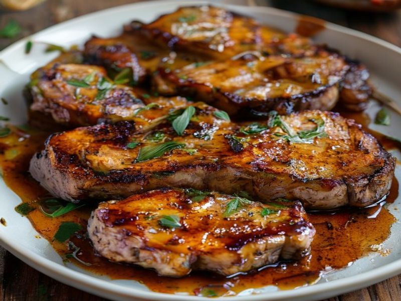 Finished 25-Minute Sheet-Pan Smoked Paprika Pork Chops with Maple-Mustard Glaze beautifully plated, professional food photography, natural lighting