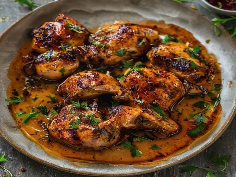 Finished 30-Minute Harissa-Honey Oven-Roasted Chicken Thighs beautifully plated, professional food photography, natural lighting