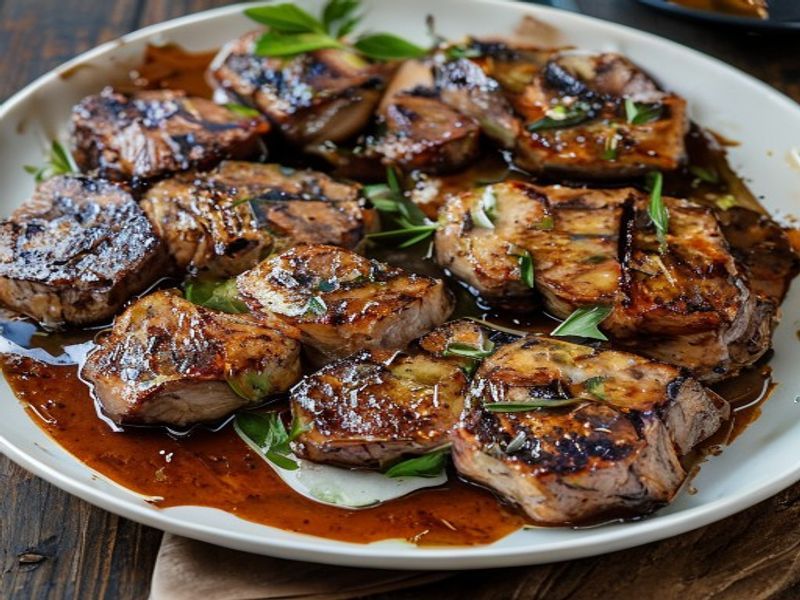 Finished 30-Minute Sheet-Pan Gochujang Maple Pork Chops beautifully plated, professional food photography, natural lighting